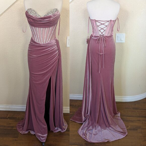 Dusty Rose Sequin Velvet Strapless Sweetheart Corset Prom Formal Evening Dress 2 - Picture 2 of 5